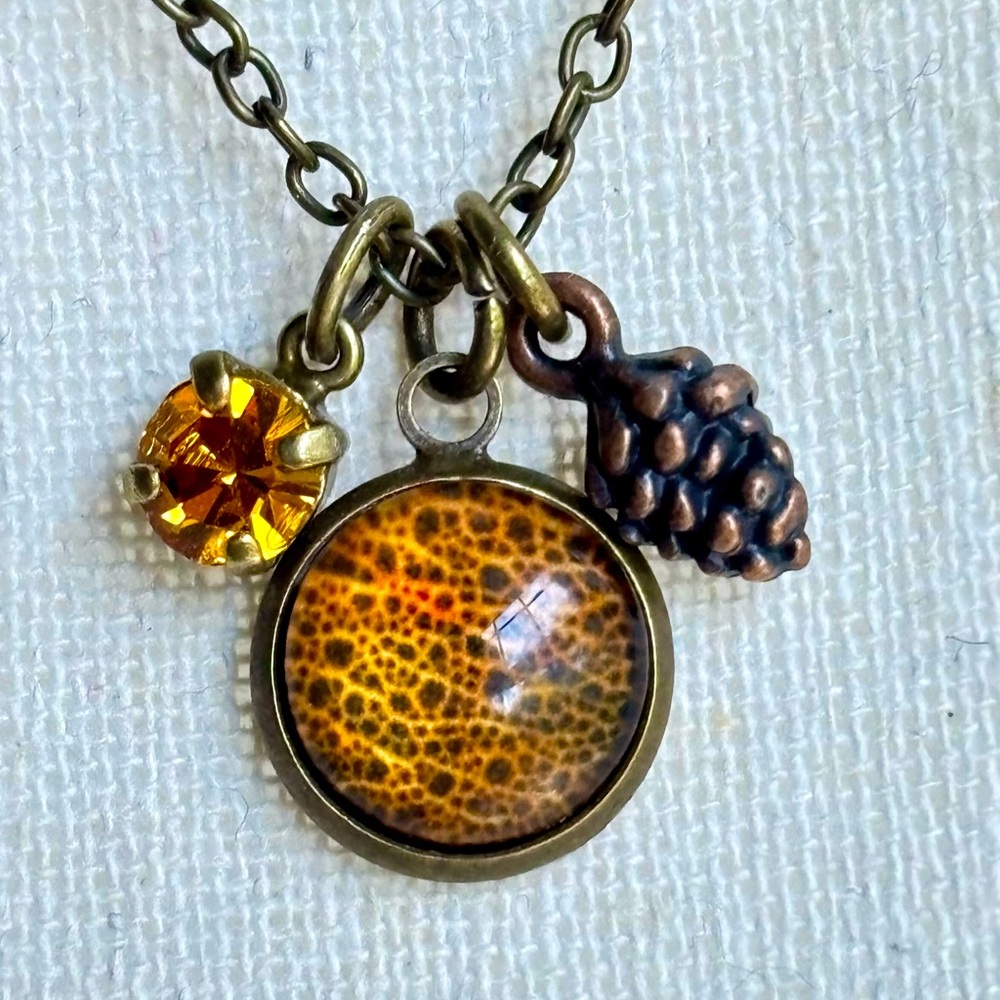 Antique Brass Charm Necklaces with Cabochon, Pine Cone and Swarovski Crystal-NWT